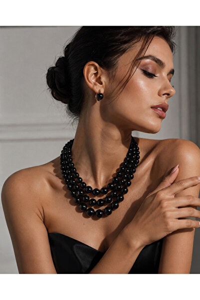 Solare Accessories Çoklu Siyah İnci Kolye