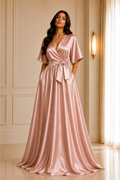 UNTIMELY Double-Breasted Maxi Satin Stylish Dress with Closure & Belt