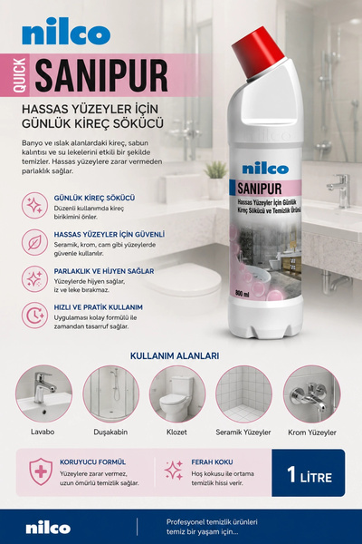 nilco 3202681 Quick Sanipur Hassas Yüzeyler İçin Günlük Kireç Sökücü 1 lt