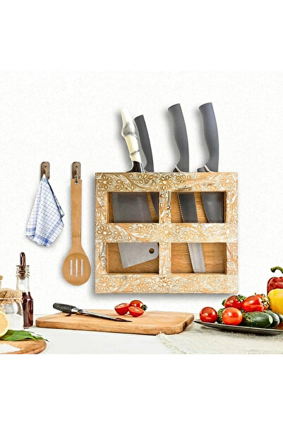Souq DESIGNS Knife Holder for Wall – Wooden Knife Block 4 Slots | Hand-Carved...