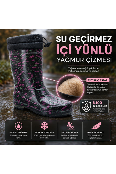 ÇİĞDEM KUNDURA Cizme din cauciuc cu flori cu pene de crocus