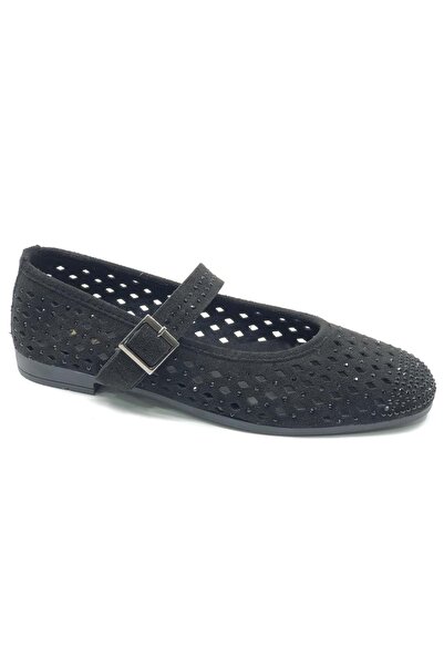 Kids Club Shoes İremsu Kemer Stone Detailed Perforated Women's Babet Shoes BLACK