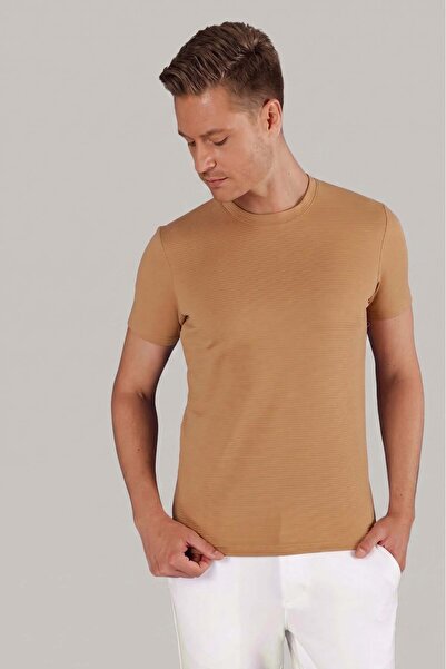Efor Slim Fit Bisiklet Yaka Doku Desenli Pamuklu Bej Tişört TS 852