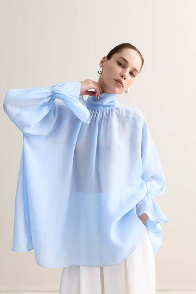 Zeyyen Geniş Fularlı Tencel Bluz Bebe Mavisi