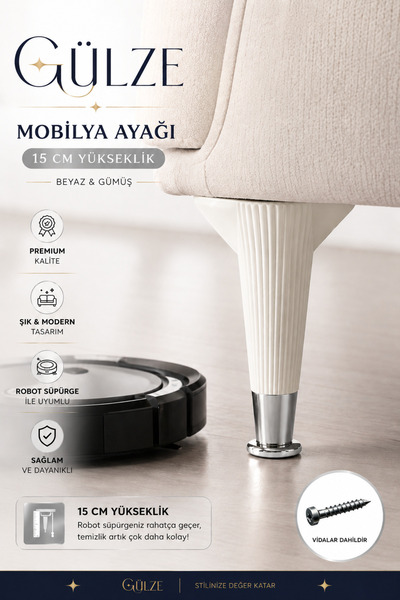GÜLZE (15 cm) GÜMÜŞ Pabuçlu -Nefes Model- Mobilya Ayağı (Mobilya Ayağı, Dolap...