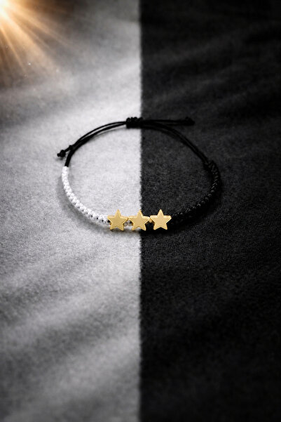 ASİL TAKI Black and White 3 Star Fan Bracelet Adjustable Cord