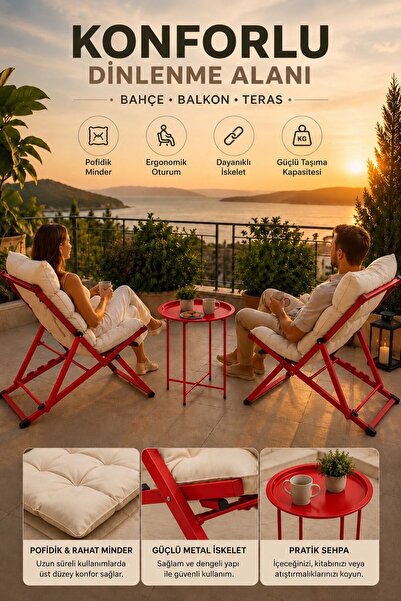 HASTUNÇ Premium Konfor Minderli Katlanır Şezlong Seti - İkili Bahçe Balkon Teras Plaj Şezlongu + Sehpa