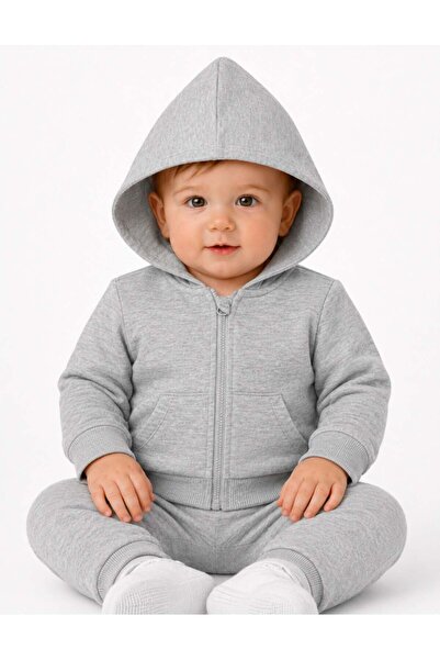 OrganicKid Basic Bebek Gri Kapüşonlu Sweatshirt
