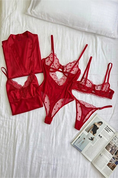 Lorinyo Kırmızı Aşk Temalı 3’lü Set: Sabahlık, Bodysuit & Sütyen Takımı Çeyiz...