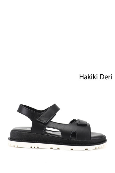 GÖNDERİ(R) Women's Black Velcro Strap Genuine Leather Sandals