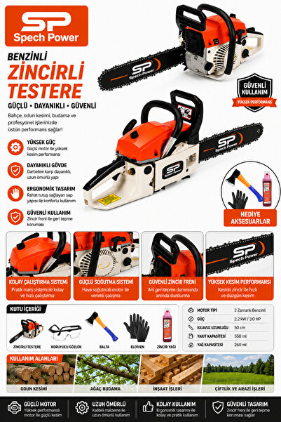 Spech Power Turbo Çift Egzozlu 2.1 hp 52 cc Benzinli Odun Dal Kesme Bıçkı Motoru