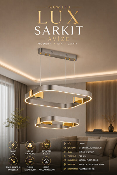 Elvora Home Modern (PREMİUM) LED Sarkıt Avize 3 Renk Ayarlanabilir Gold Kasa ...