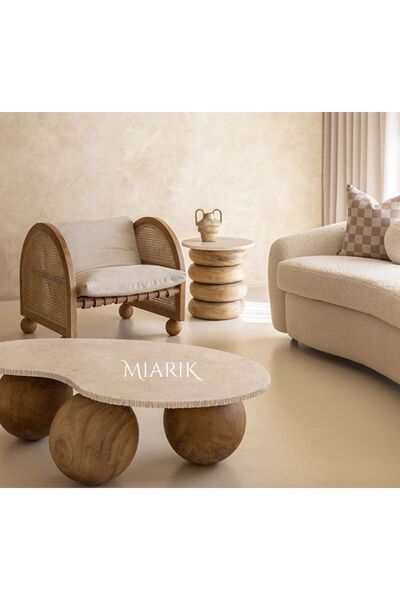 MIARIK DESIGN Dekoratif Ahşap Top ve Traverten Mermer Orta Sehpa
