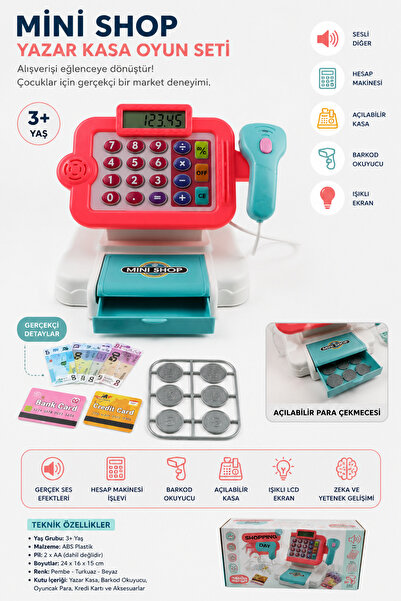 kosetoys Oyuncak Yazarkasa Renkli Işıklı Barkod Okuyuculu 14 Parça Aksesuarlı