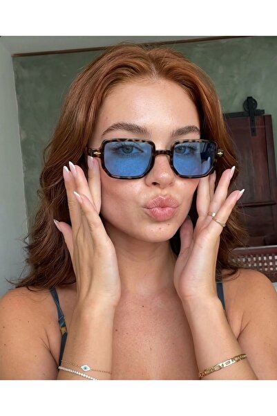 funeyes Lodin Leopar Çerçeveli Mavi camlı Trend Güneş Gözlüğü Unisex Kadın Er...