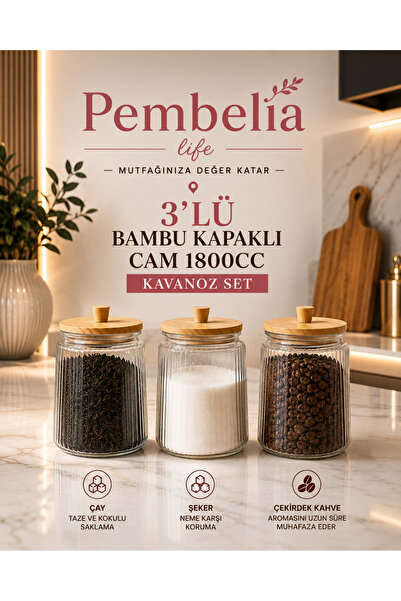 Pembelia Life 3’lü Bambu Vakum Kapaklı Cam 1800 cc Çay Şeker Kahve Tuz Kavano...