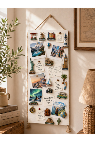 Dünya Magnet Mıknatıslı Beyaz Pano Jüt Halatlı, 30x90 cm, Dekoratif Magnet Panosu