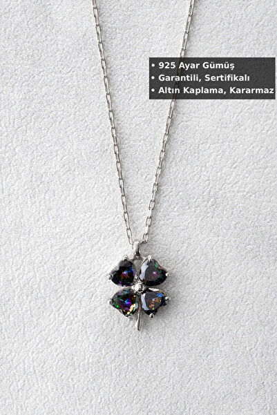 Jewelmim Mistik Taşlı Yoncalı Kolye | Beyaz Altın Kaplama 925 Ayar Kadın Dört...