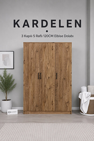 midoser Kardelen Serisi Atlantik Çam 3 Kapaklı 5 Raflı 120 Cm Elbise Dolabı