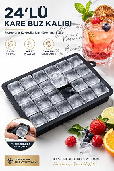 Kitchen Beauty Pratik 24'lü Sililkon Kare Buz Kalıbı | 24 Adet Silikon Kare B...
