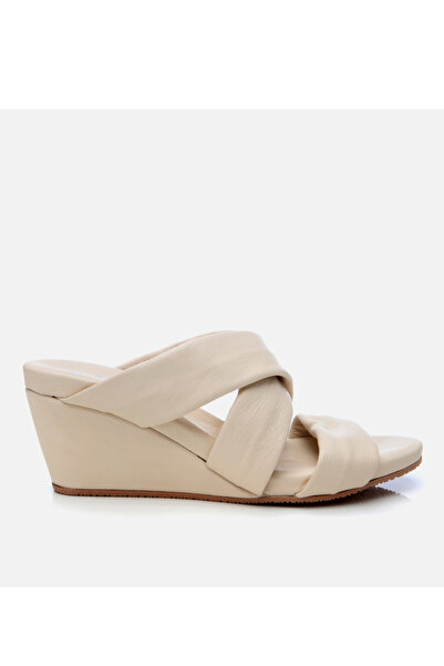 Hotiç Women's Leather Ecru Wedge Heeled Slippers