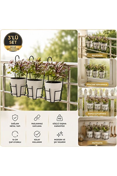 Feronyahome & Garden 3'lü Metal Yuvarlak Balkon Askılı Saksılık