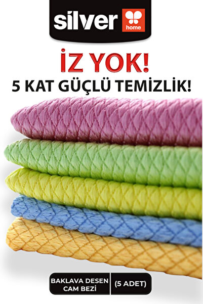 SİLVER HOME Mikrofiber 40x40cm 5li Baklava Desen Cam Temizlik Bezi - Renkli
