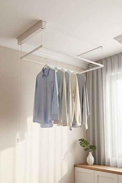 ASKUR Yüksekliği ayarlanabilir 70x200 cm çamaşır askısı, beyaz renkli ve kull...