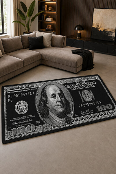Siyah 100 Dolar Desenli Halı Kaymaz PVC Dot Tabanlı İnce Makinede Yıkanabilir Salon Oturma Odası Halısı