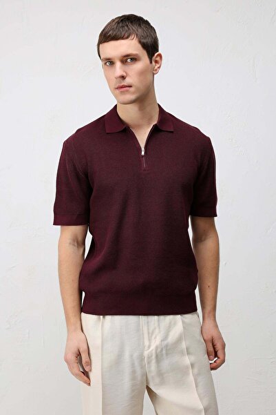 Antioch Bordo Comfort Slim Fermuarlı Erkek Triko T-Shirt