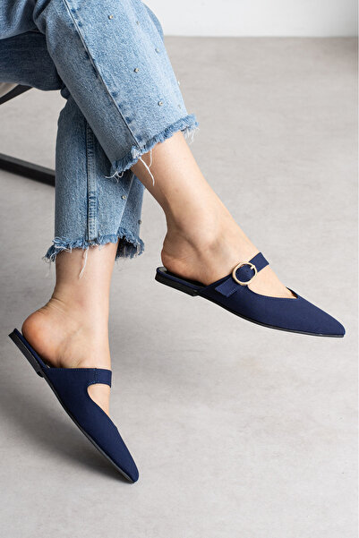 LORENN SHOES Nadia Lacivert Mat Saten Kemer Detaylı Sivri Burun Kadın Terlik