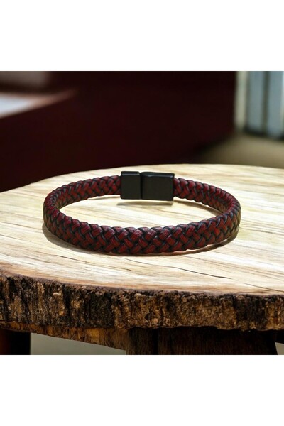 DEHNA Burgundy Men's Bracelet Genuine Leather Fine Weave Design 8m Thickness ...