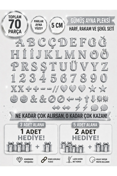 Bioren Kendinden Yapışkanlı Gümüş Aynalı Pleksi Harf Rakam ve Şekil Seti 70 P...
