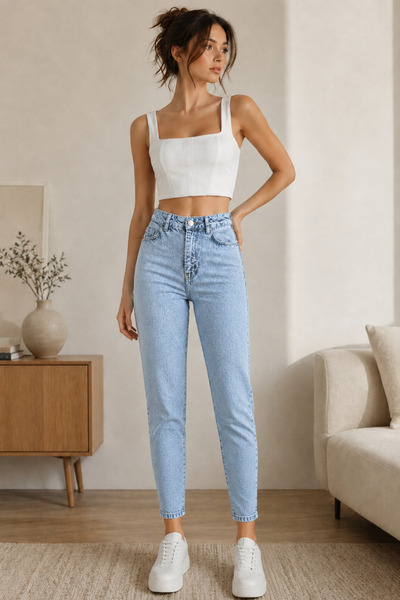 WODDİ Kadın Jeans Buz Mavi Kar Yıkama Mom Jeans Yüksek Bel Denim Kot Pantolon