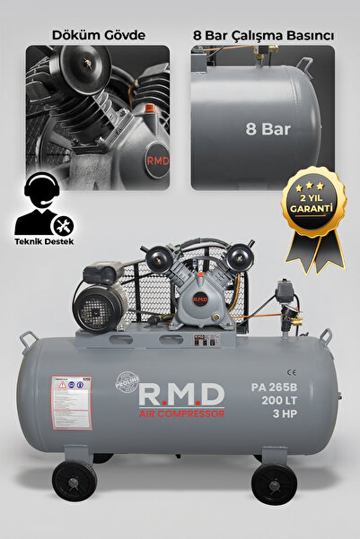 R.M.D Kompresör Hava Kompresörü Pistonlu 200 Lt 2 Kafa 8 Bar 3 Hp I PA265B
