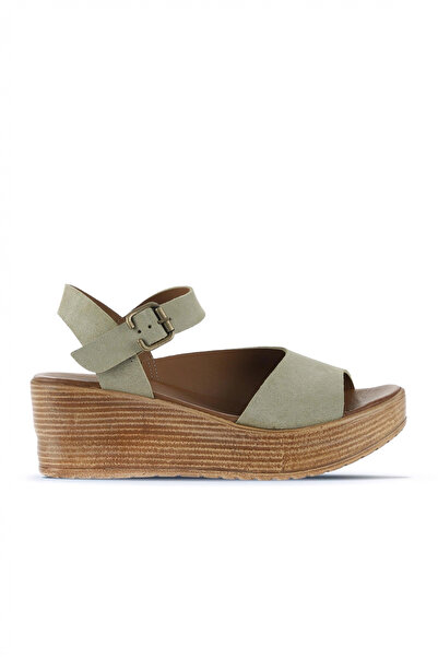 Bueno Shoes Sandale cu toc cu pană pentru femei, din piele intoarsa verde Alf...
