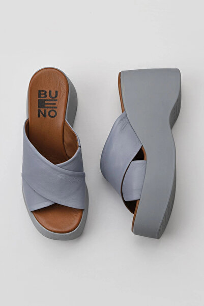 Bueno Shoes Modré kožené dámské pantofle na klínovém podpatku 01wy9005