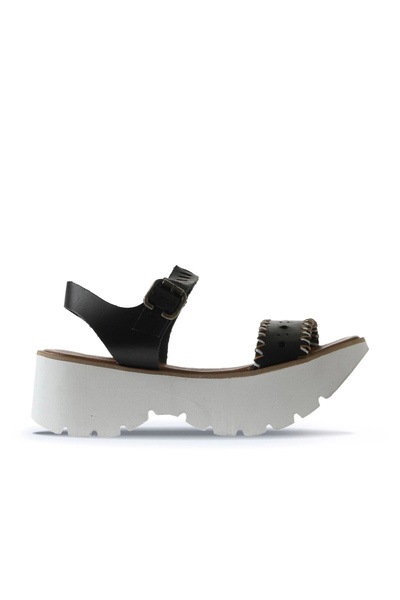 Bueno Shoes Sandale cu toc cu pană pentru femei din piele neagră 01ws7700