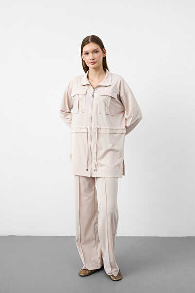 Basicpark Bej Tencel Flowy Texture Adjustable Waist Pre-Stitched Jacket and P...