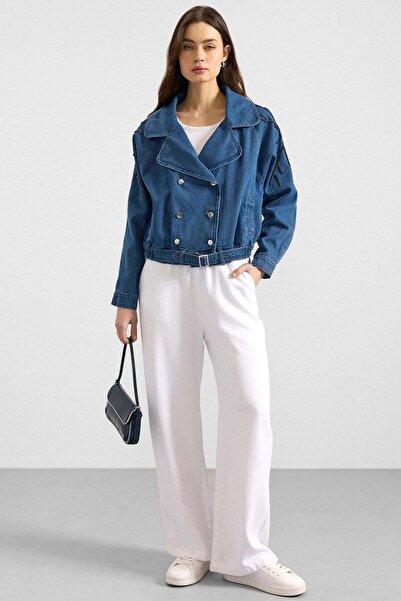 Olcay Ungefütterte Jeansjacke mit Perlenbesatz am Ärmel BLAU 8283