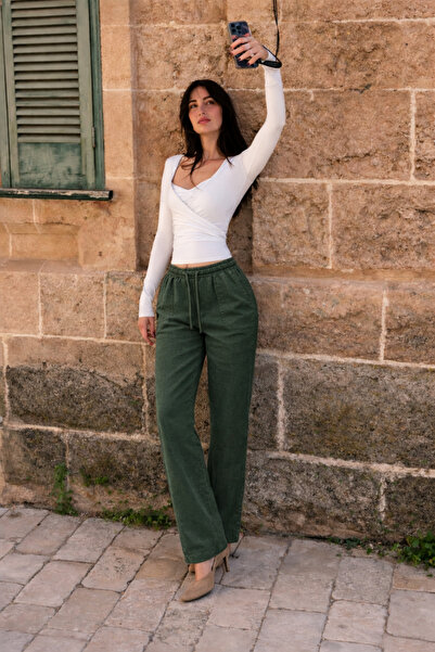 DAMGA JEANS Women's Elastic Waist Jogger K.Khaki Linen Trousers