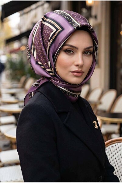 Vissona %100 Twill İpek Gold Halka Desenli Lila - Siyah Renkli 90x90 Eşarp Di...