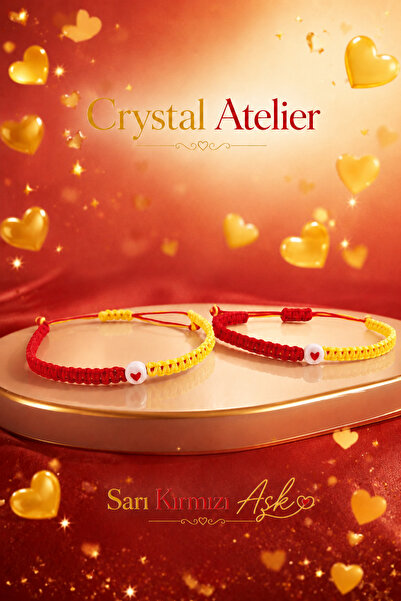 Crystal Atelier سوار على شكل قلب باللون الأصفر والأحمر - سوار مكرمية مصنوع يد...