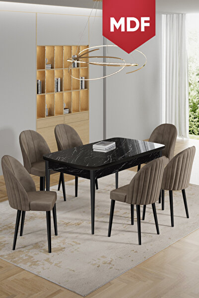 Canisa Enya Serisi MDF 80x132 Açılabilir Siyah Mermer Desen Masa Takımı ve 6 ...