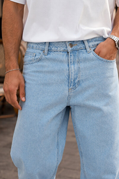 CEDY DENIM Erkek Yüksek Kalite Baggy Fit Jean Yüksek Bel Bol Kesim Kot Pantolon C352-Buz-mavi