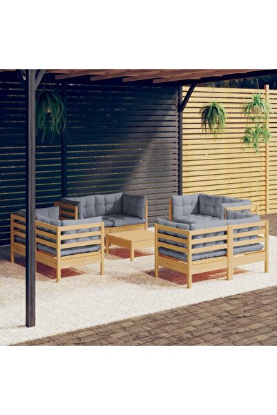 Concept Set mobilier de grădină cu perne, 9 piese, gri, lemn masiv pin