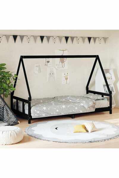 Concept Cadru pat pentru copii, negru, 90x200 cm, lemn masiv de pin