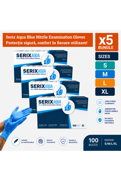 SERIX 5 Cutie x 100 Manusi Examinare Nitril Albastre, Nepudrate, Aqua