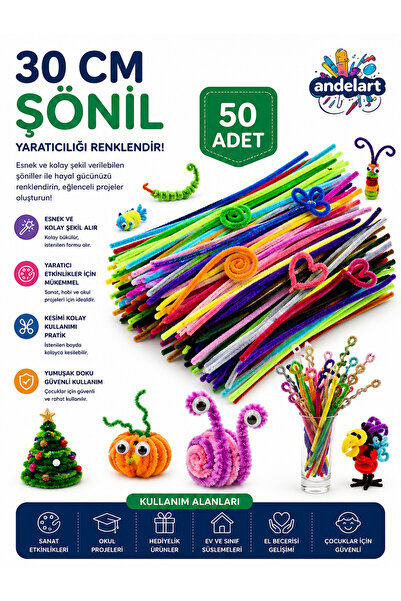 andelart Şönil Renkli 30 Cm 60 'lı 1 Paket 30 Cm Renkli Tüylü