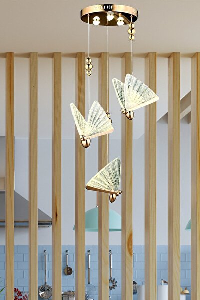 burenze Butterfly Avize Üçlü Sarkıt Led Avize Rose Gold Sarı Harika Görsel Gün Işığı
